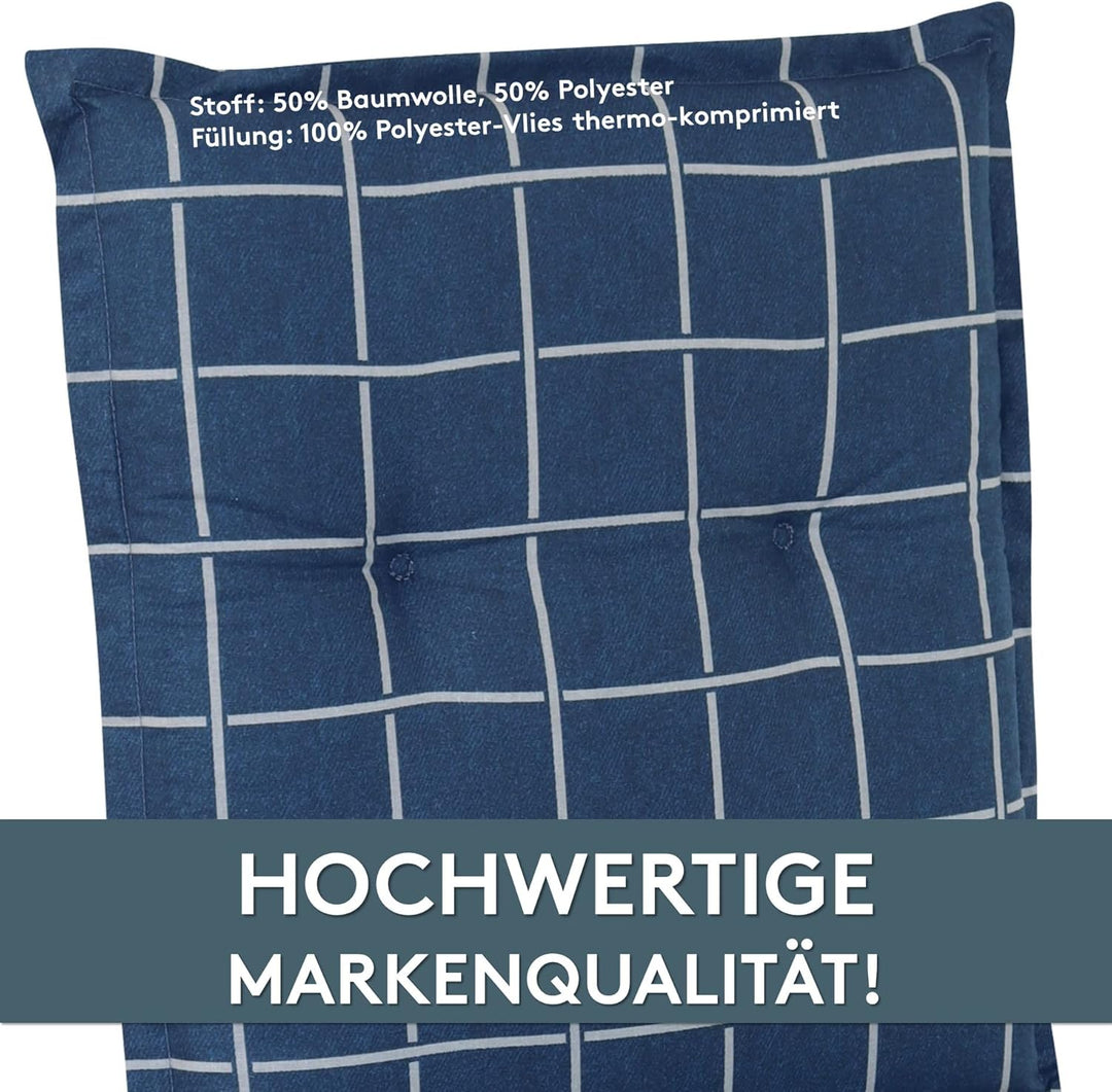 LILENO HOME Gartenstuhl Auflagen als [2er Set - Hochlehner] in Yacht-Karo Dunkelblau - Bequeme Liege