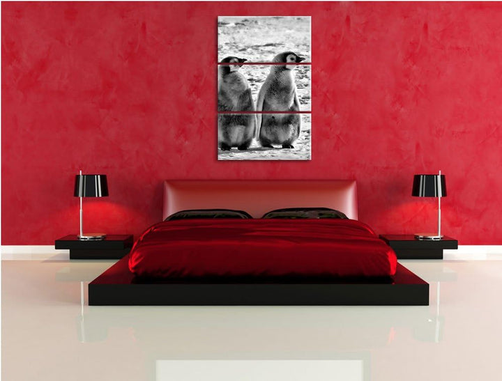Pixxprint Monocrome, Vier Kaiserpinguin-Küken 3-Teiler Leinwandbild 120x80 Bild auf Leinwand