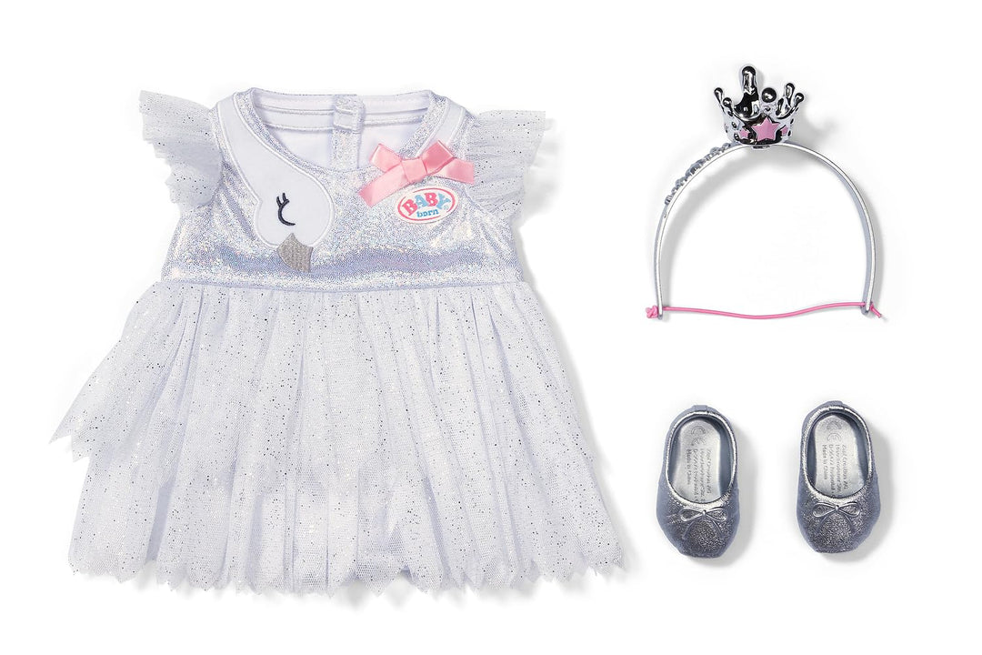 Baby Born Ballerina-Outfit mit Tüllkleid, silbernen Ballettschuhen und Haarreif mit Krone für 43cm P