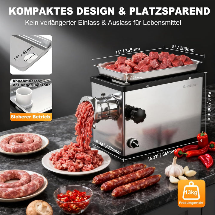Anatole Fleischwolf Elektrisch Edelstahl Integral 1100W Profi Hackfleisch Maschine Multi Wurstmaschi