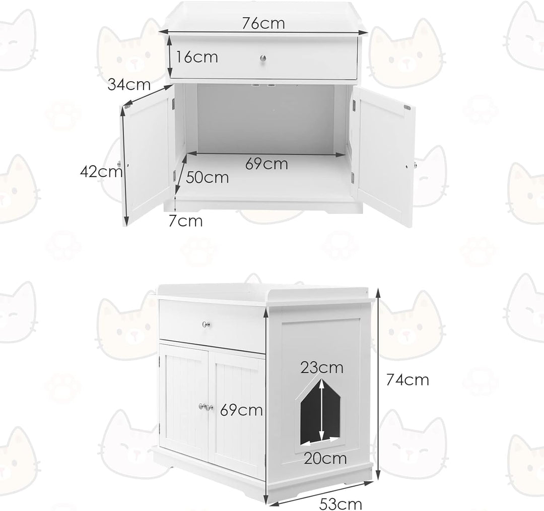 COSTWAY Katzenschrank mit Schublade & Tür & Eingang, 3-in-1 Katzenhaus Katzentoilette Beistelltisch,