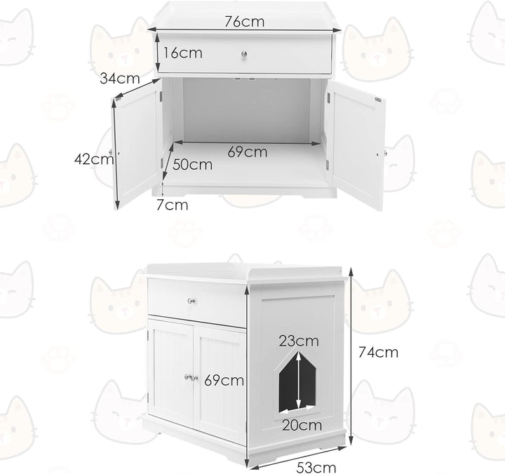 COSTWAY Katzenschrank mit Schublade & Tür & Eingang, 3-in-1 Katzenhaus Katzentoilette Beistelltisch,