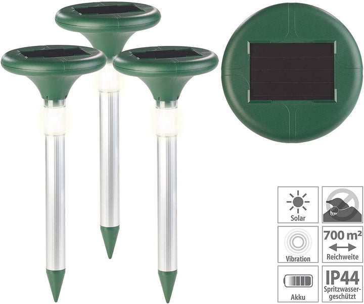 Royal Gardineer Maulwurfstop: 3er-Set 2in1-Solar-Maulwurffrei und Wegeleuchte mit Akku, 400 Hz, IP44