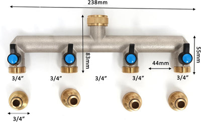 4-Wege Wasserhahn Wasserverteiler aus Messing für 4 Geräte/Gartenschläuche, 4er Verteiler 3/4" Adapt
