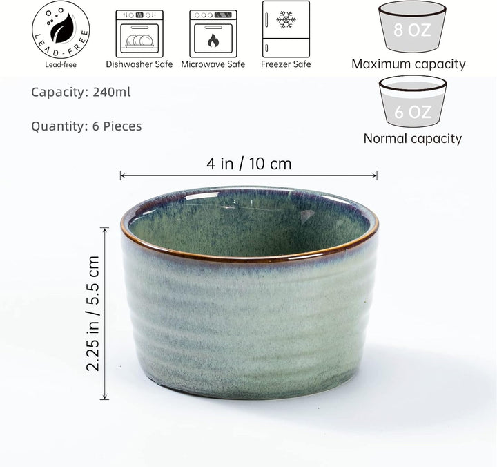 Souffle Förmchen, Porzellan Schälchen Grün für 6 Personen - Mini Auflaufform Reaktive Glasur Grün, D
