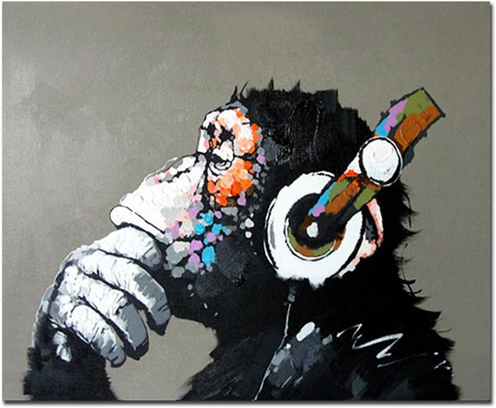 Fokenzary Handgemaltes Ölgemälde auf Leinwand Pop Art Putziger Schimpanse hört Musik mit Kopfhörer m