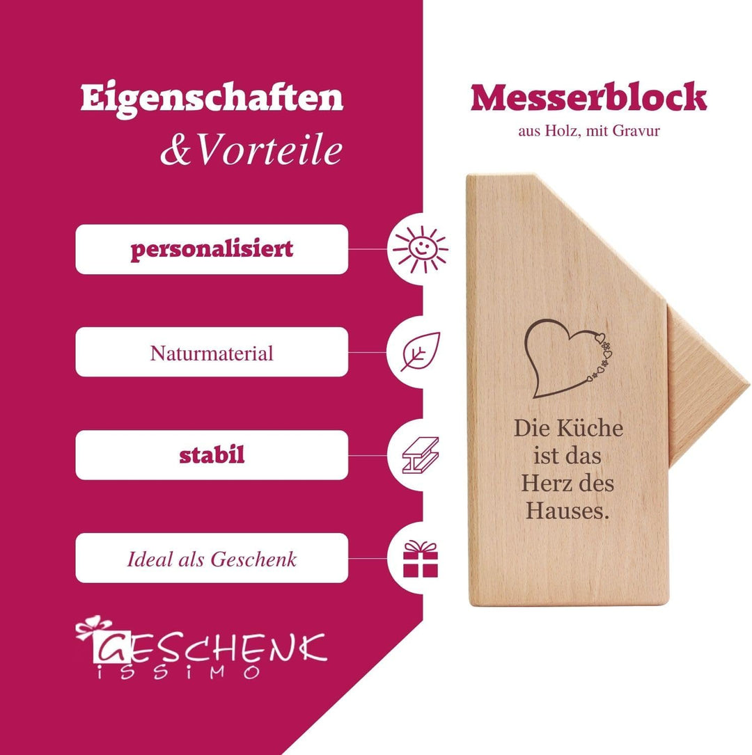 Messerblock aus Holz mit Gravur, Name + Motiv, Buchenholz Block für Küchenmesser, Messerhalter, Orga