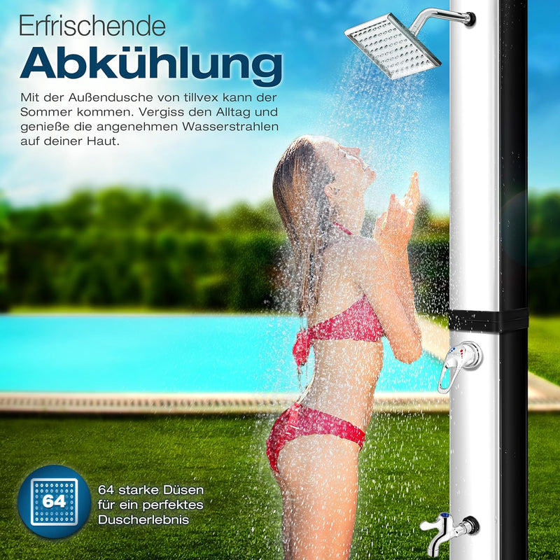 tillvex Solardusche 40 Liter inkl. Schutzhaube | Solar Garten-dusche warmes Wasser | Pooldusche Camp