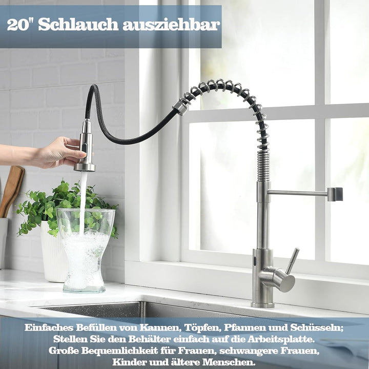 TIMACO Infrarot Sensor Wasserhahn Küche Mit Ausziehbare Brause Küchenarmatur 360° Schwenkbar Mischba