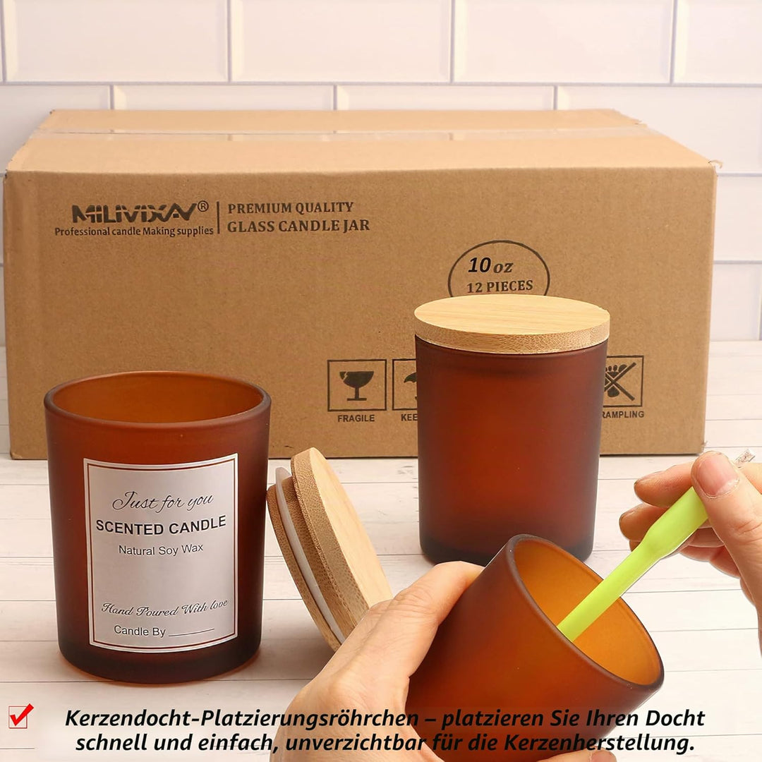 MILIVIXAY 12 Stück 284 ml Milchglas-Kerzengläser mit Deckel und Kerzenherstellungs-Kits – leere Kerz
