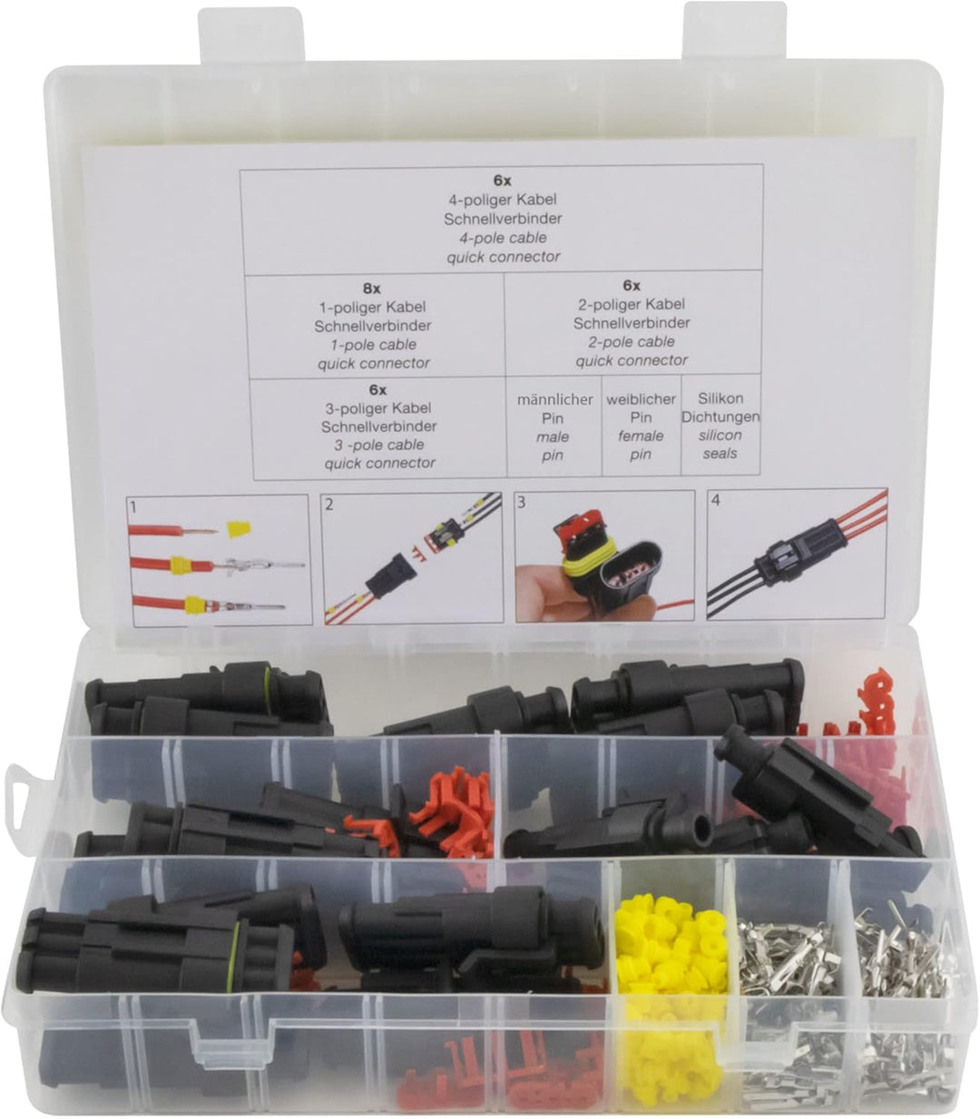 SeKi KFZ Kabel Steckverbinder Sortiment 300 teilig (für 26 Steckverbindungen) 1- bis 4-polig; IP67 w
