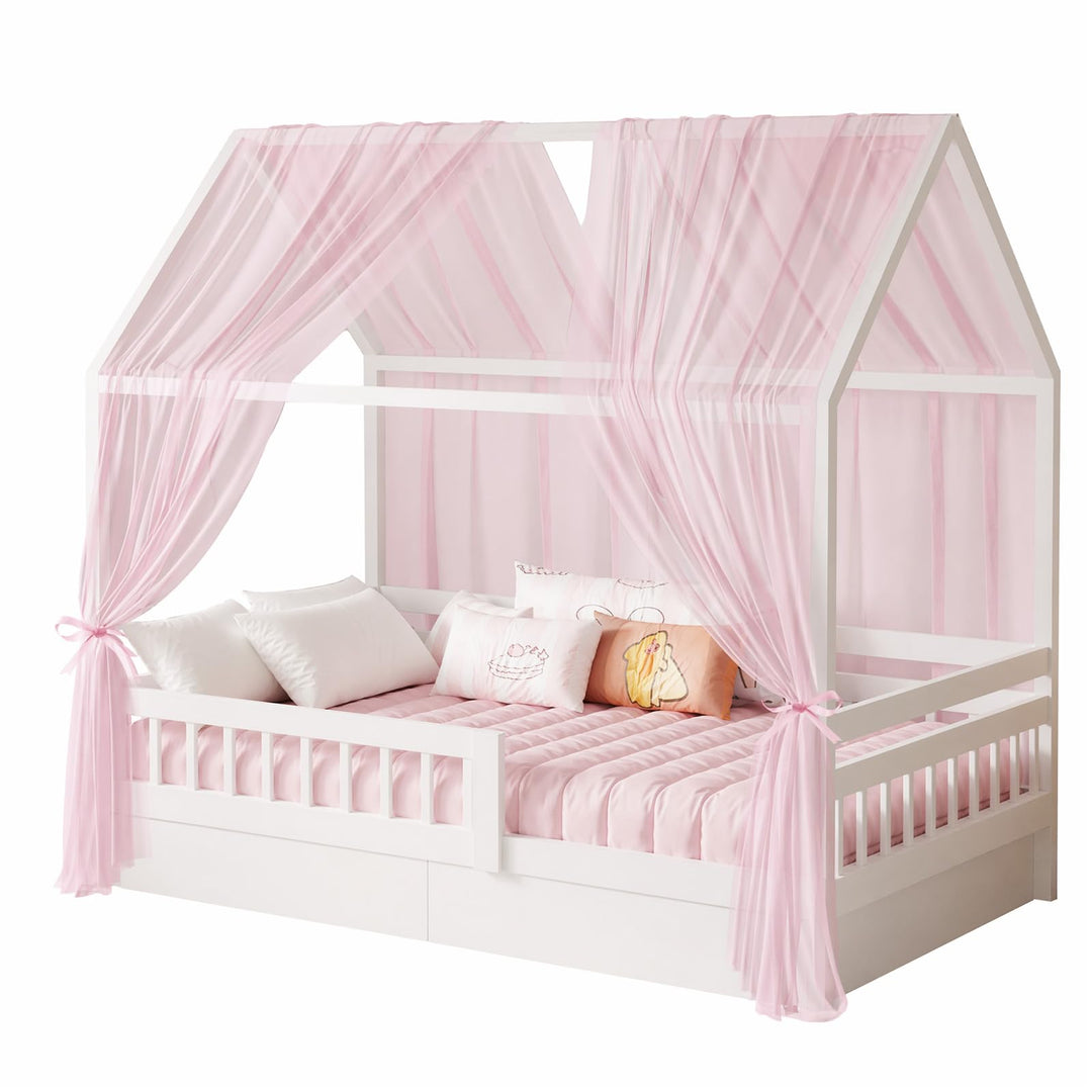 2 Stück Hausbett Himmel Set, Musselin Betthimmel für Kinderbett, weicher &amp; atmungsaktiver Baldachin