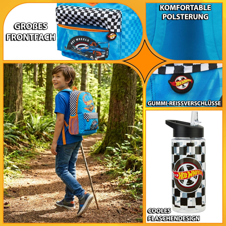 Get Trend Hot Wheels Rucksack Kinder Set, Kinderrucksack & Trinkflasche, 500ml Schule Sport Freizeit