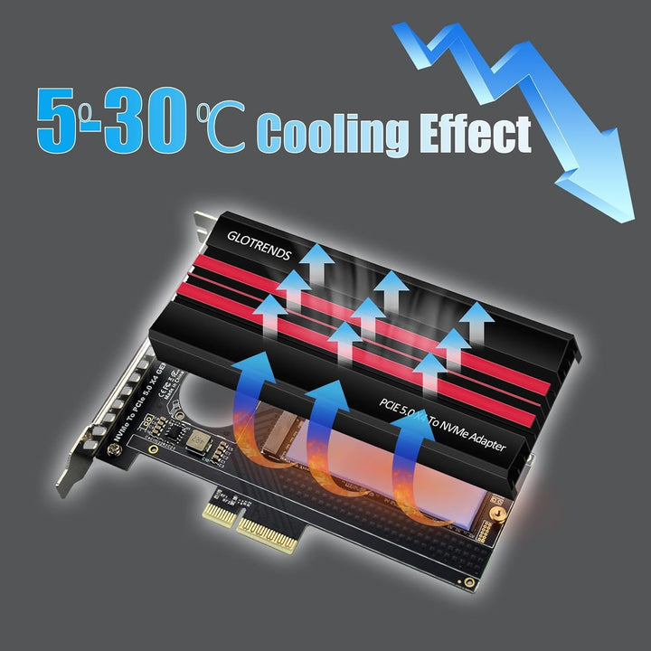 GLOTRENDS PA19 M.2 NVMe auf PCIe 5.0 X4 Adapter für M.2 NVMe SSD, grosse Aluminium-Kühlkörperabdecku