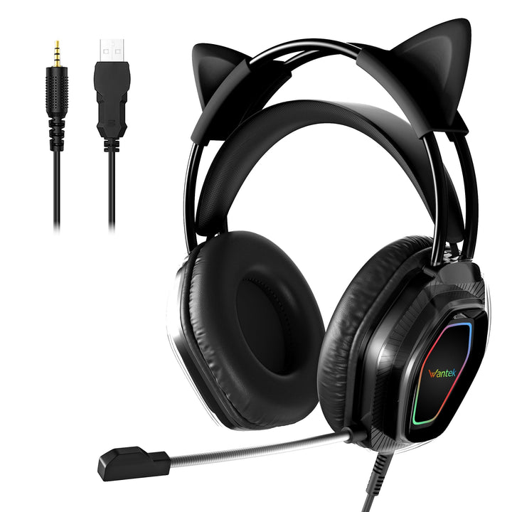 Wantak Katzenohr Kopfhörer mit Mikrofon – Kabel (3,5mm/USB) – Gaming Headset für PC/PS5/Xbox – Noise