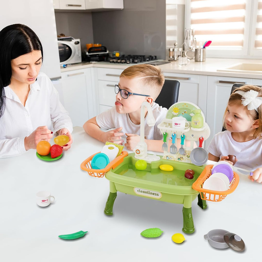 Kinder Spielküche mit Spülbecken,Wasserhahn,Geschirr und Zubehör,Küchenspüle Spielzeug Set mit Wasse