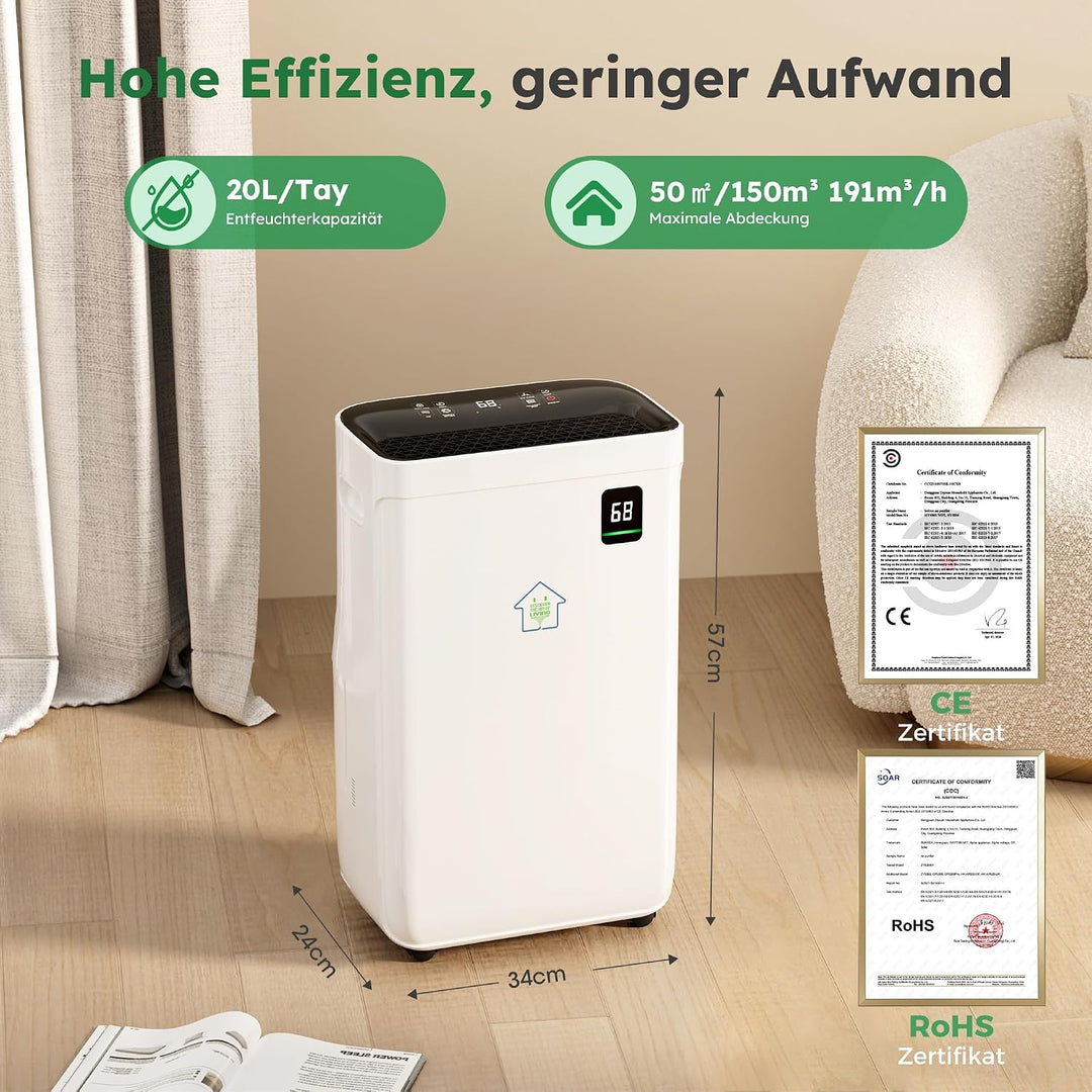 Luftentfeuchter 20 Liter/Tag für Räume von ca. 50 ㎡(120 m³) | Leiser Raumentfeuchter mit Touchpanel,