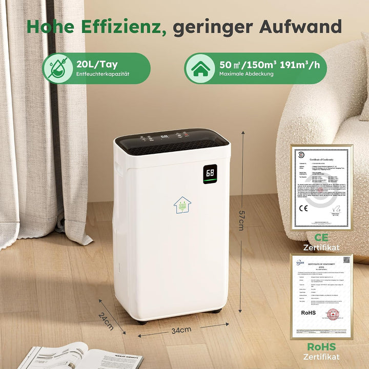 Luftentfeuchter 20 Liter/Tag für Räume von ca. 50 ㎡(120 m³) | Leiser Raumentfeuchter mit Touchpanel,
