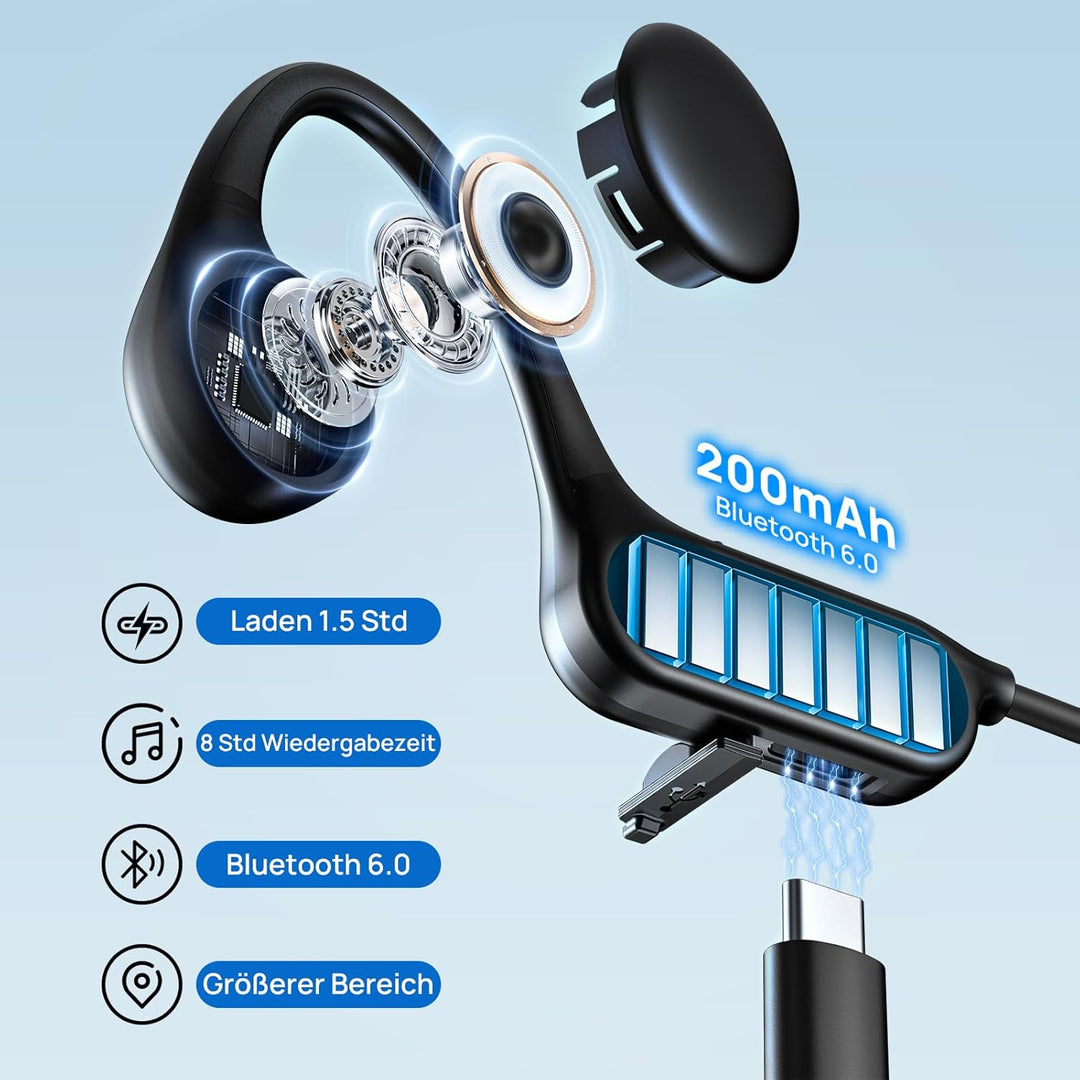 MANKIW Knochenschall Kopfhörer Bluetooth 6.0, Open Ear Sportkopfhörer, Typ-C Schnellladung, IPX5 Was