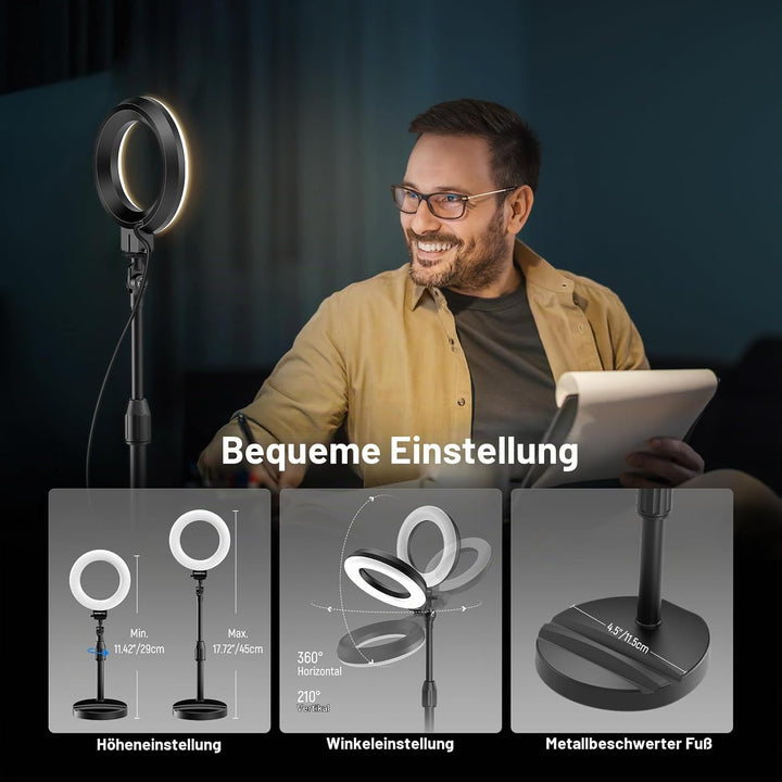 NEEWER Basics 5" LED Tisch Ringlicht mit Ständer, Monitorhalterung, 10W kompatibel mit iPhone, Compu