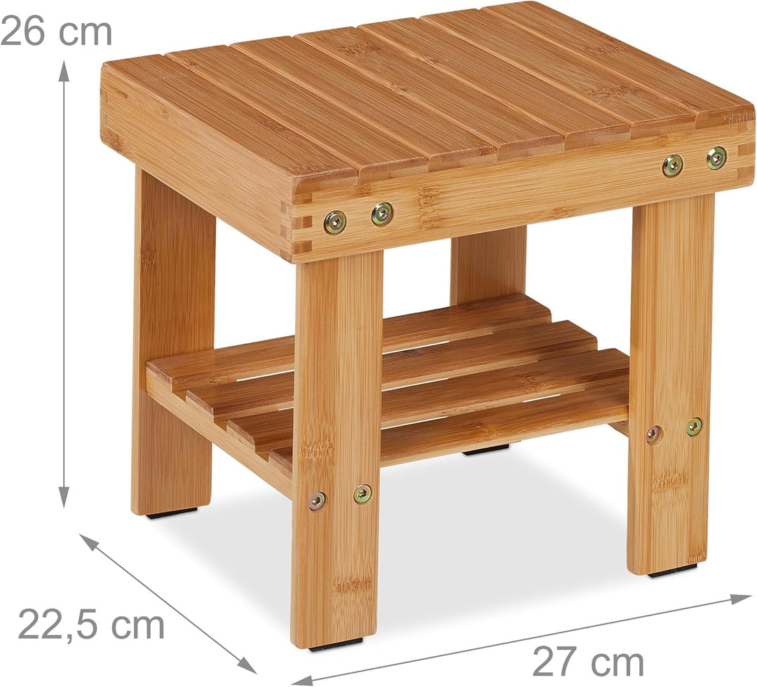 Relaxdays Badhocker aus Bambus, Sitzhocker mit extra Ablagefläche, HxBxT: 26 x 27 x 22,5 cm, Staurau