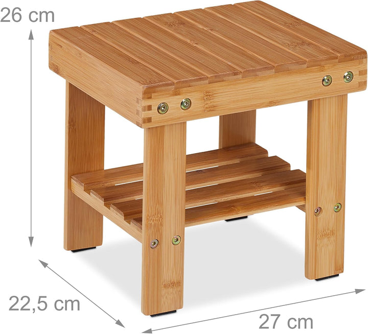 Relaxdays Badhocker aus Bambus, Sitzhocker mit extra Ablagefläche, HxBxT: 26 x 27 x 22,5 cm, Staurau