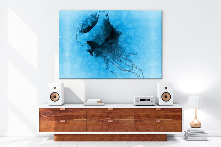 deyoli Zeichnung einer Qualle Format 80x60 Effekt: Monocrome Blau als Leinwandbild, Motiv fertig ger