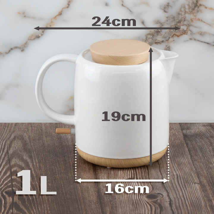 Elektrischer Wasserkocher aus Keramik mit Holz-Deckel, 1 Liter Volumen, weiss - Modernes Design. 120