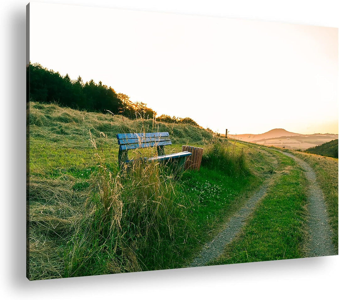 deyoli ruhige Bank am Feldweg Format: 100x70 als Leinwandbild, Motiv fertig gerahmt auf Echtholzrahm