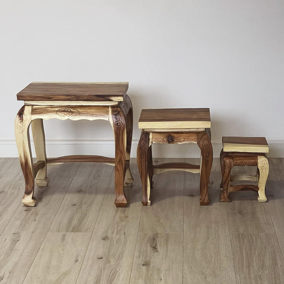 livasia Hoher Opiumtisch im 3er Set | Massivholz Beistelltisch | Asiatische Blumenhocker | Couchtisc