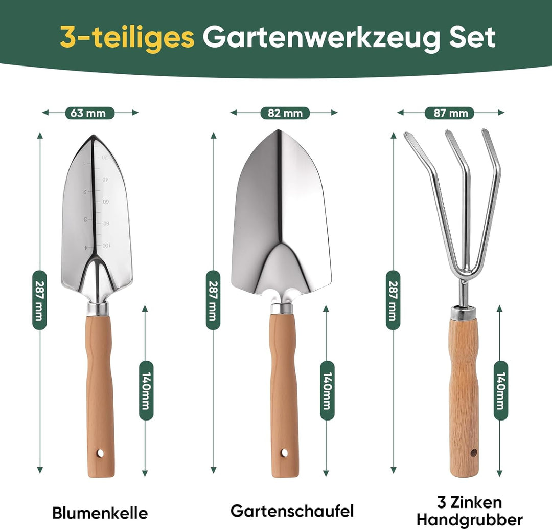 Gartenwerkzeug Set, 3-teilig Gartengeräte aus Hochwertigem Edelstahl, Garten Zubehör klein Gartensch