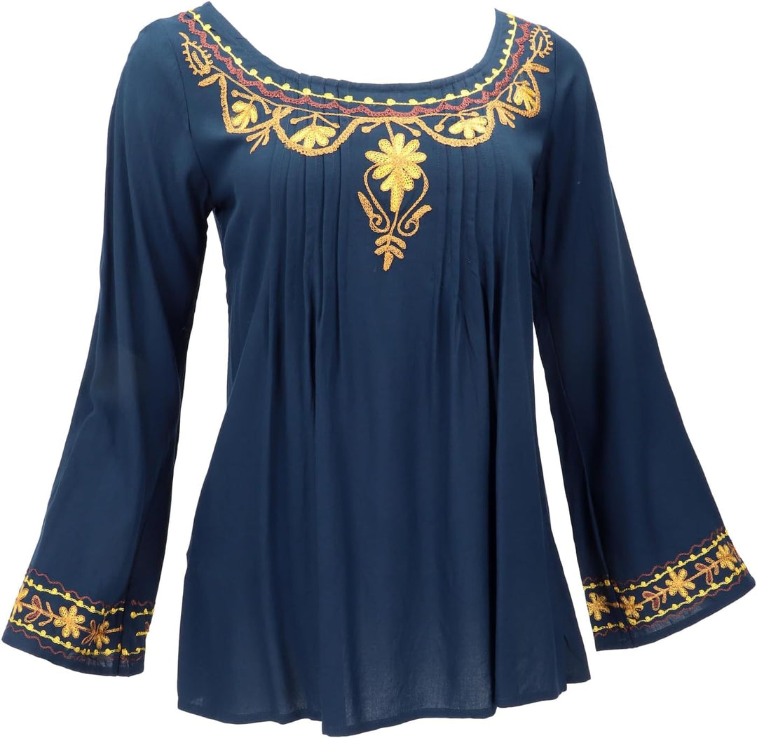 GURU SHOP Bestickte Elfenbluse, Boho Damenbluse 40 Dunkelblau, 40 Dunkelblau
