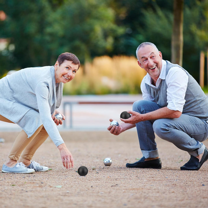 Relaxdays Boule Kugeln, 8 Metall-Kugeln, Set mit Zielkugel & Abstandsmesser, Tragetasche, Boccia Spi