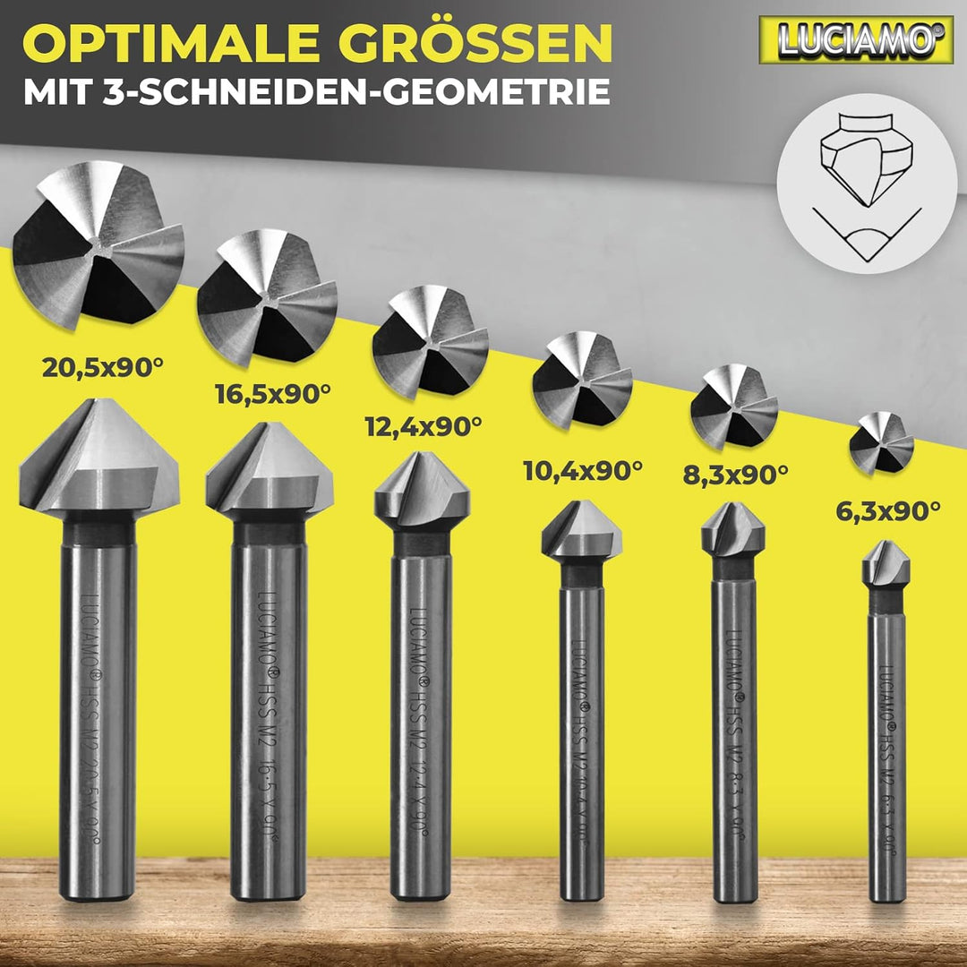 6 Stück 90° Profi Senker Set HSS M2 (6542) - für Holz, Metall und Kunststoff - ein Muss für jeden We