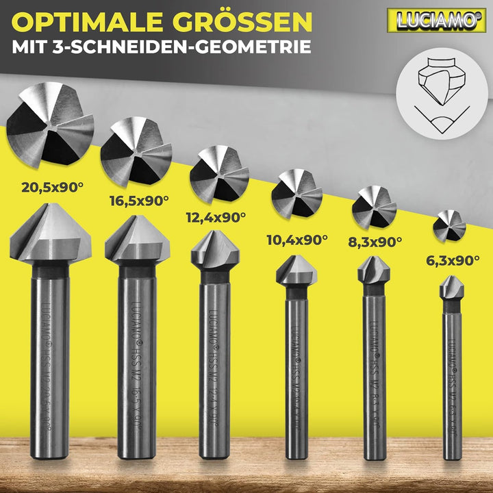 6 Stück 90° Profi Senker Set HSS M2 (6542) - für Holz, Metall und Kunststoff - ein Muss für jeden We