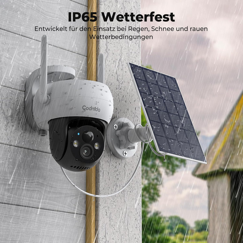 Codnida Überwachungskamera Aussen Akku Solar,360° Kamera Überwachung Aussen,Kabellos WLAN Kamera Out