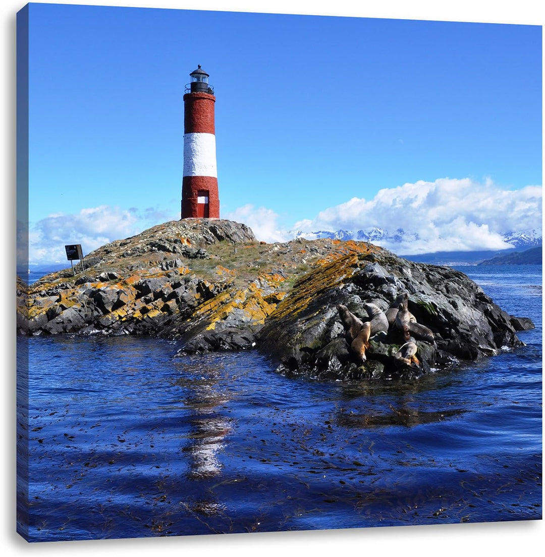 Pixxprint Leuchtturm mit Robben auf Kleiner Insel im Meer, Format: 70x70 auf Leinwand, 70x70