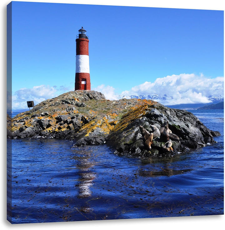 Pixxprint Leuchtturm mit Robben auf Kleiner Insel im Meer, Format: 70x70 auf Leinwand, 70x70