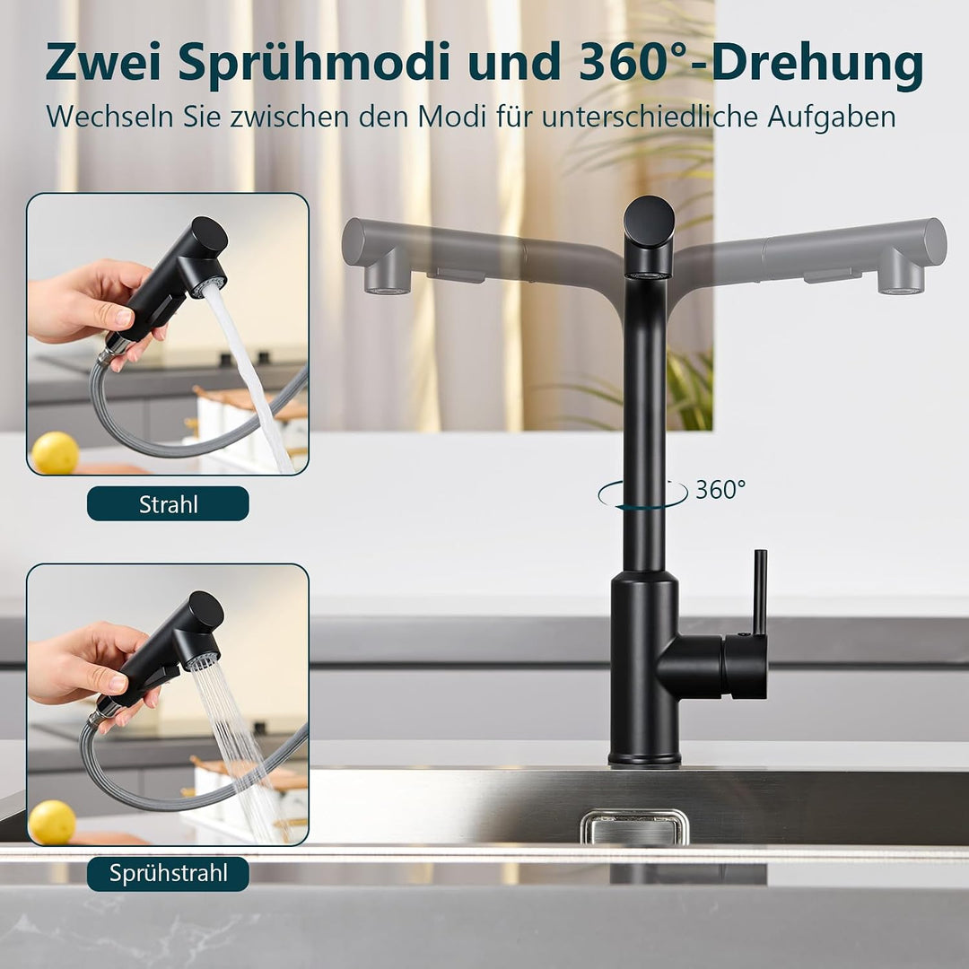 Wasserhahn Küche, Küchenarmatur mit Brause Ausziehbar Schwarz, Schwarz