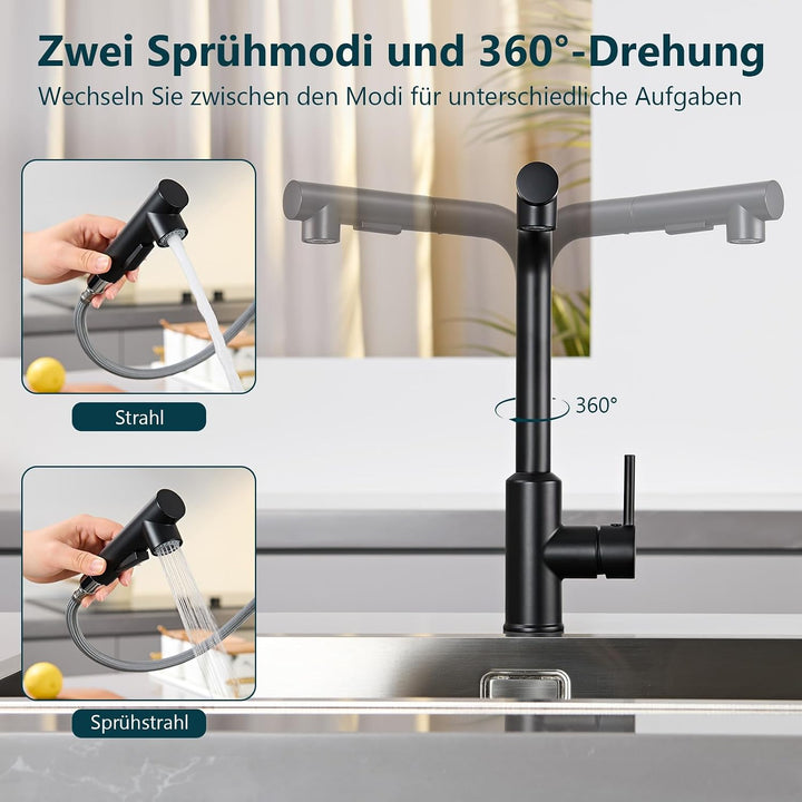 Wasserhahn Küche, Küchenarmatur mit Brause Ausziehbar Schwarz, Schwarz