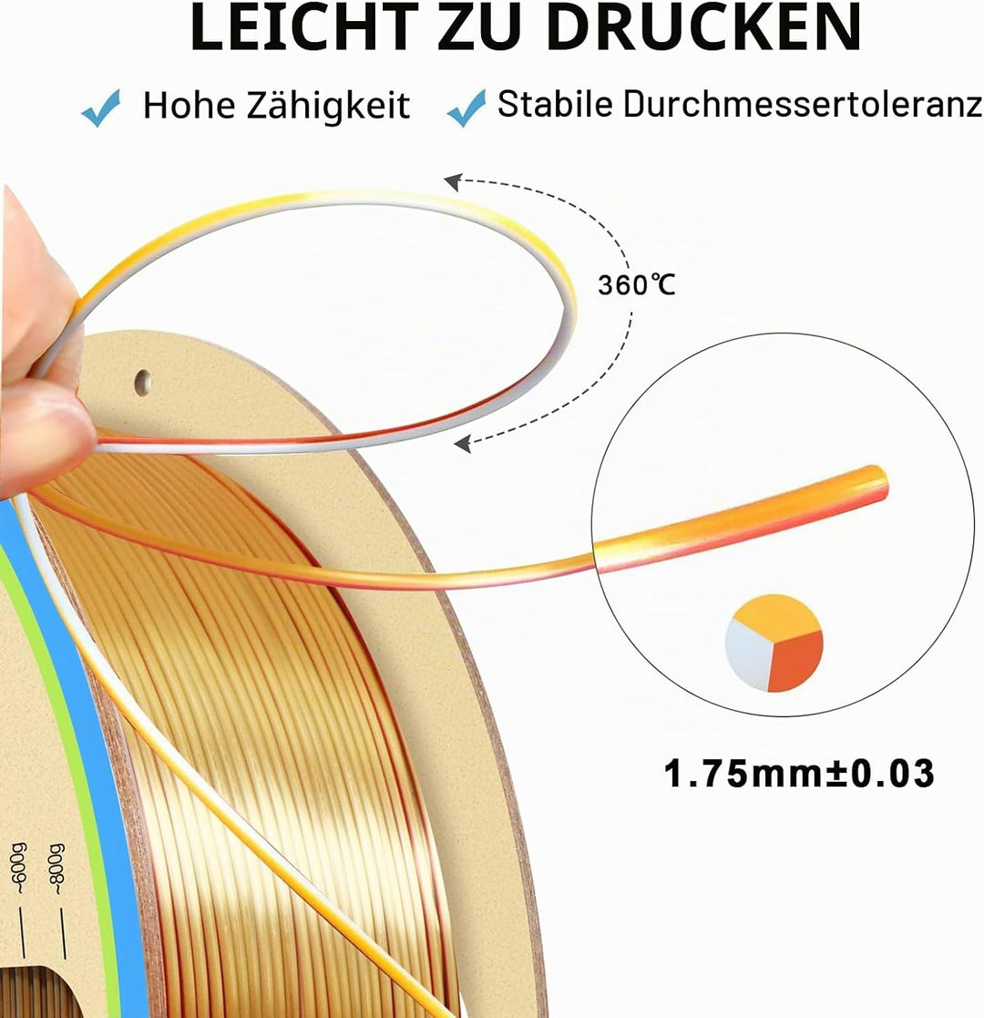 YOUSU Dreifarbiges PLA Filament,3D Drucker Filament 1,75mm(﹢/-0,03mm), Seiden Gold/Silber/Kupfer Dre