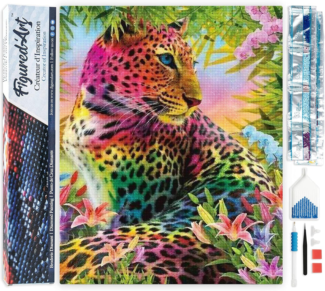 Figured'Art Diamond Painting Erwachsene 40x50cm Ganze Leinwand gerollt Bunter Leopard 5D Bilder Ecki