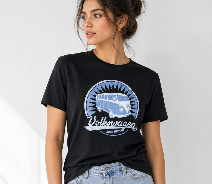 BRISA VW Collection - Volkswagen T-Shirt Unisex-Kurzarm &amp; Rundkragen mit T1 Bulli Bus Motiv aus Baum