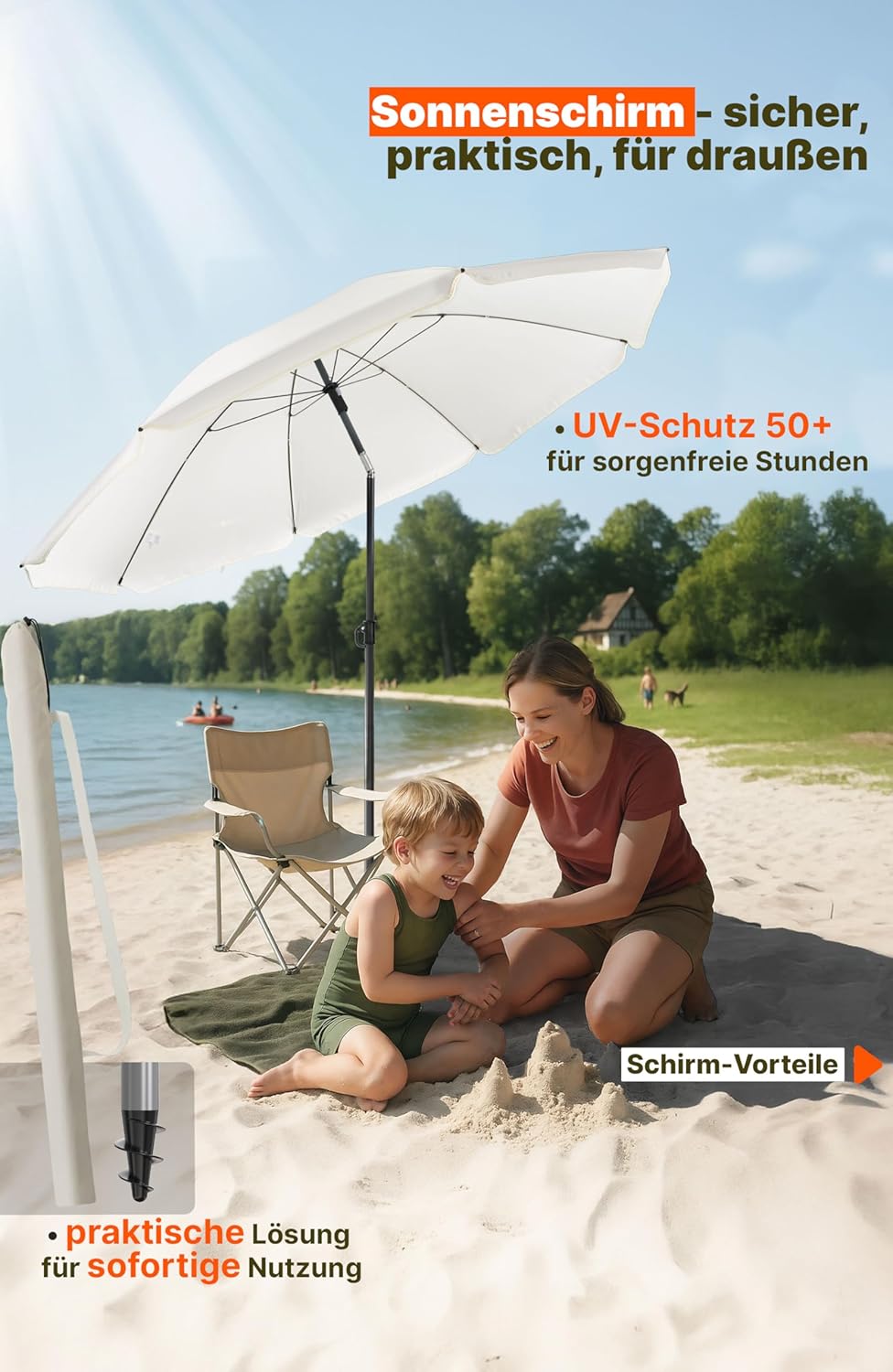 4smile Sonnenschirm für Strand und Balkon Ø 180 cm, Beige - UPF 50+ Balkonschirm SunnyJoy, Strandsch
