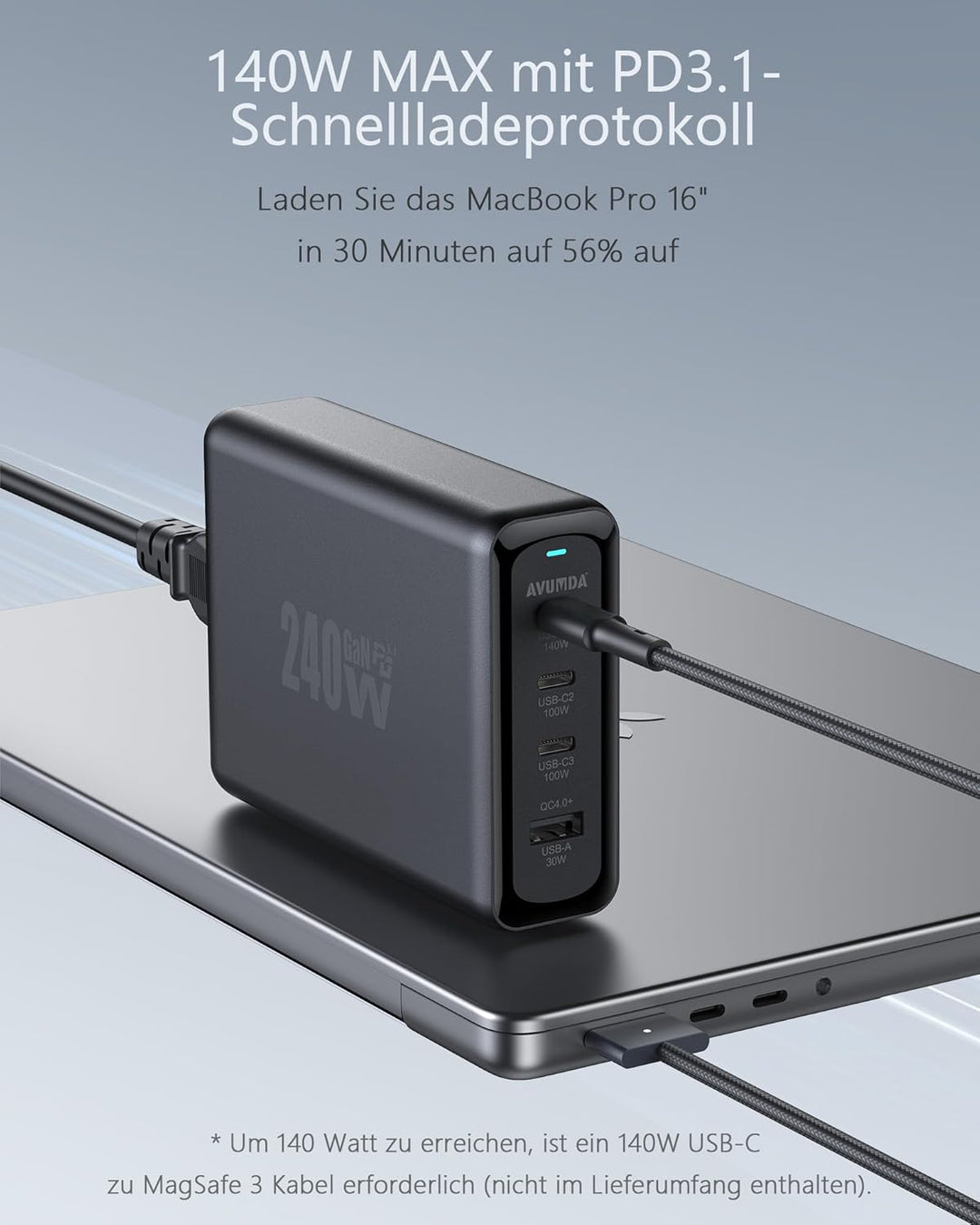 AVUMDA 240W USB C Ladegerät GaN PD3.1 140W PD3.0 100W 4-Port USB C Netzteil Type C Adapter für MacBo
