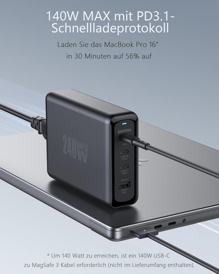 AVUMDA 240W USB C Ladegerät GaN PD3.1 140W PD3.0 100W 4-Port USB C Netzteil Type C Adapter für MacBo
