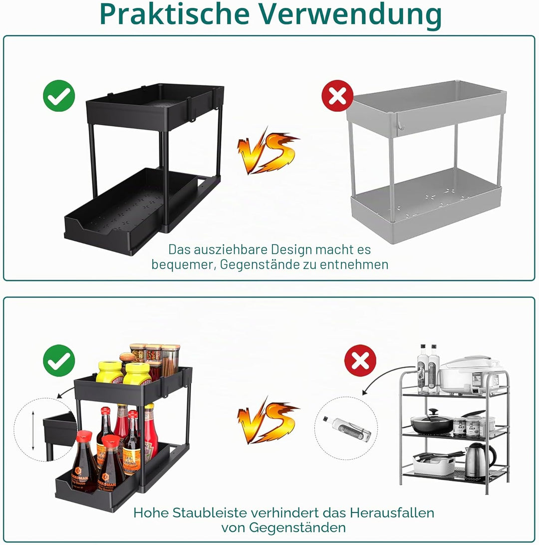 DEKAVA Küchen Organizer, 2 Unter Waschbecken Regal, Schrank Küchenorganizer mit 4 Haken, Schrankkorb