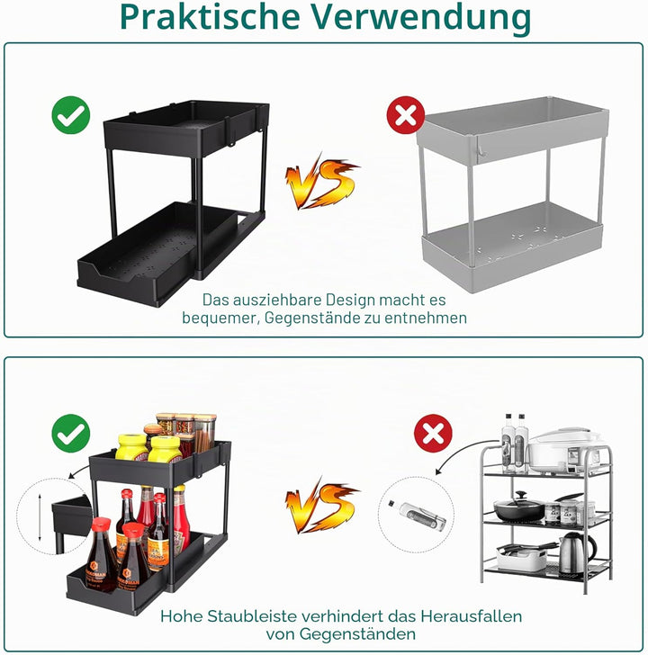 DEKAVA Küchen Organizer, 2 Unter Waschbecken Regal, Schrank Küchenorganizer mit 4 Haken, Schrankkorb