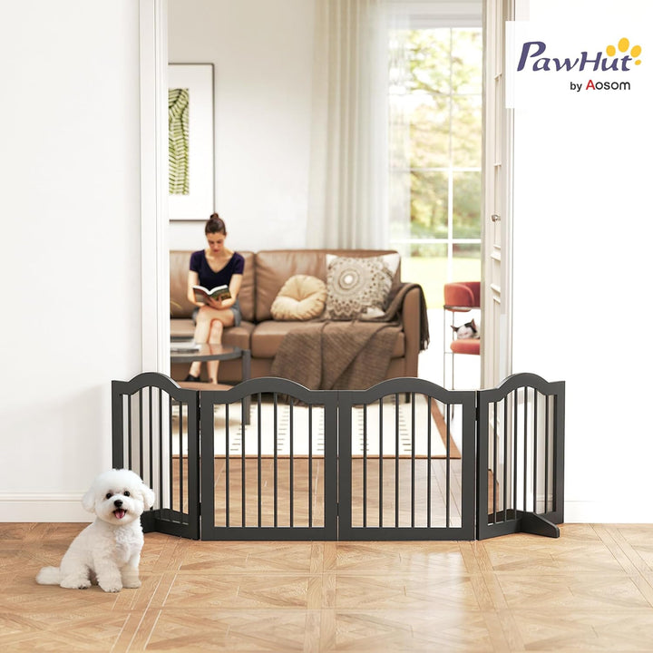 PawHut Absperrgitter Hund 4-teilig, 208 x 61 cm Faltbar Hundegitter mit Tür, Türschutzgitter mit 2 S