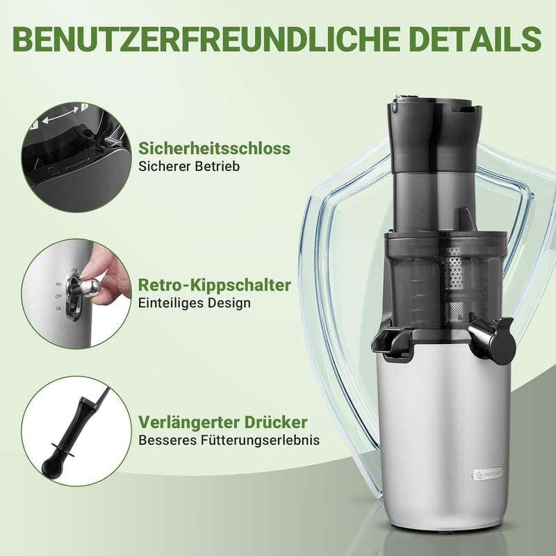 AMZCHEF Ganzfrucht Entsafter - 80MM grosse Öffnung Slow Juicer - Entsafter Gemüse und Obst Testsiege